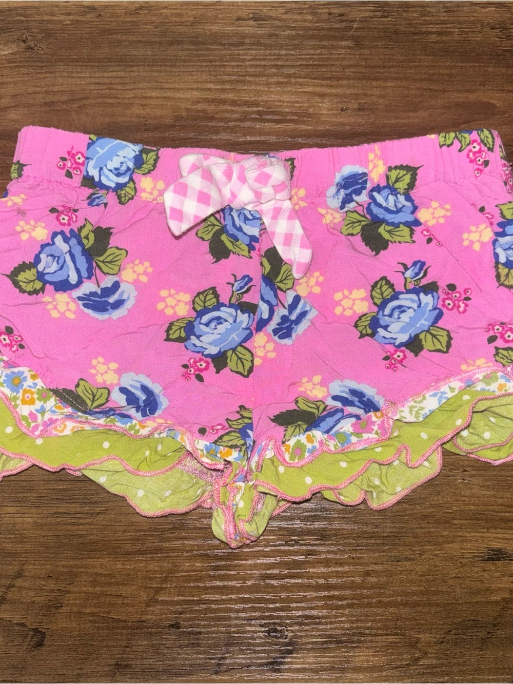Matilda Jane pink rayon floral ruffle shorts with bow, size
